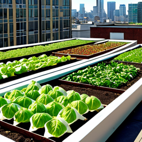 **

Urban rooftop farm with diverse vegetables growing in raised beds, showcasing modern building in the background. Emphasize healthy, organic food production in a densely populated city. Bright, sunny day.

**