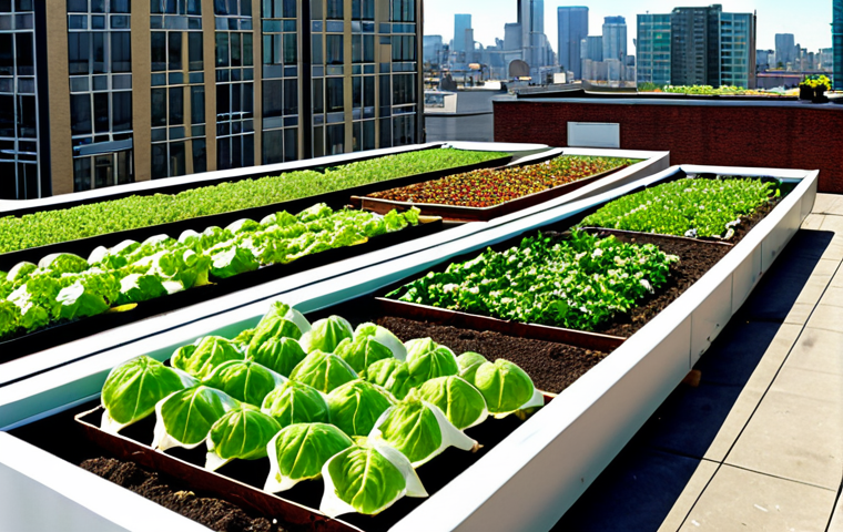 **

Urban rooftop farm with diverse vegetables growing in raised beds, showcasing modern building in the background. Emphasize healthy, organic food production in a densely populated city. Bright, sunny day.

**